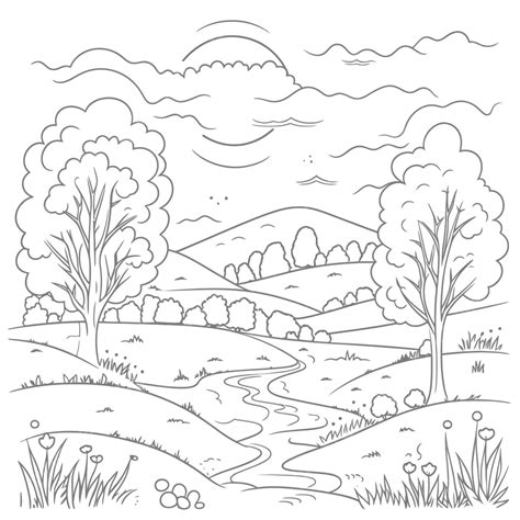 Landscape Coloring Page With A Stream Running Through It Outline Sketch