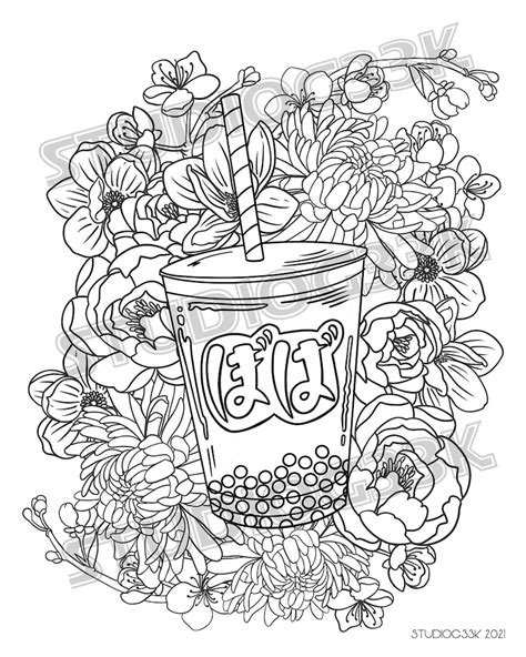 Boba Tea Floral Printable Digital Download Coloring Page Etsy Uk