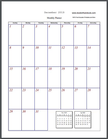 Blank Monthly Calendar Sheets Student Handouts