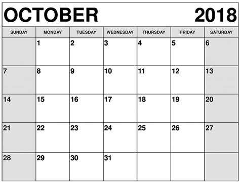 Printable Calendar October 2018 Pdf Template August Month Calendar