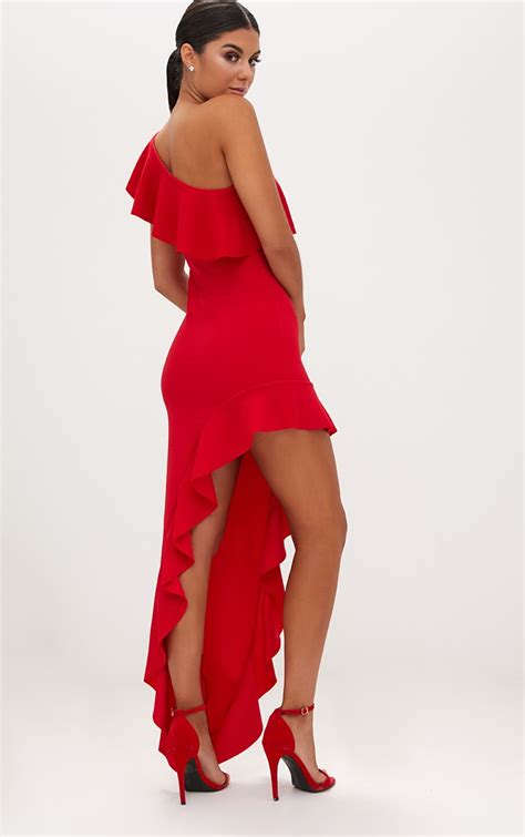 Red One Shoulder Ruffle Detail Asymmetric Maxi Dressdresses Prettylittlething Usa
