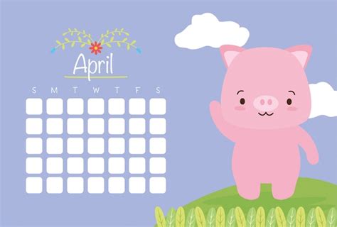 Free Vector April Calendar With Cute Piggy Flat Style
