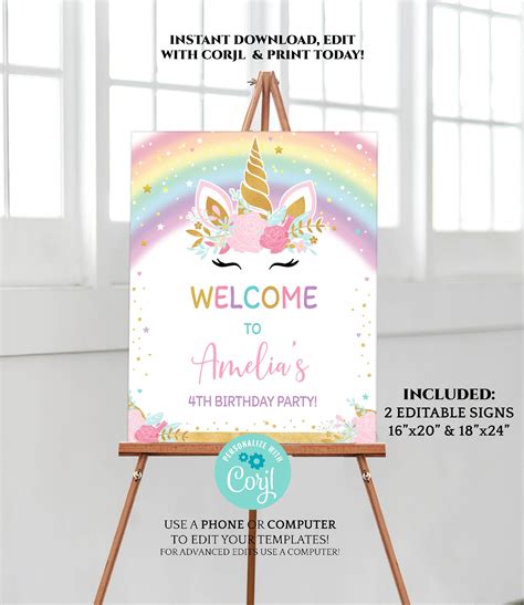 Rainbow Unicorn Welcome Sign Editable Floral Unicorn Girl Etsy