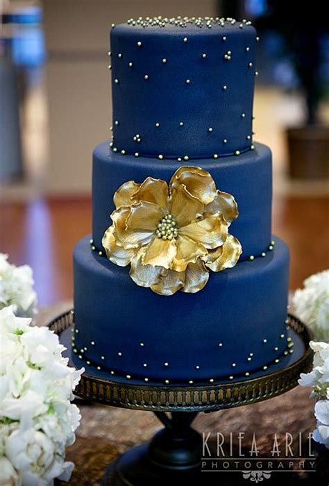 Blue Wedding Cake Three Tiered With Gold Flower