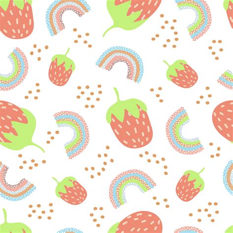Seamless Pattern Of Stylized Strawberries And Rainbow Polka Dots With