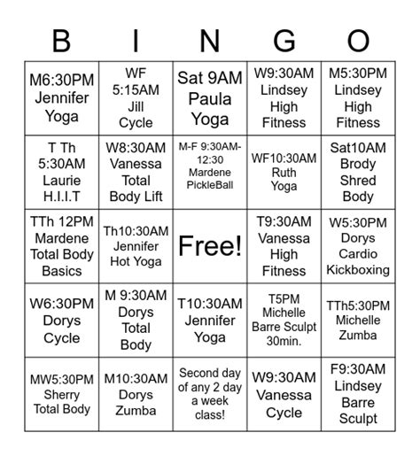 Group Fitness Challenge Bingo Card