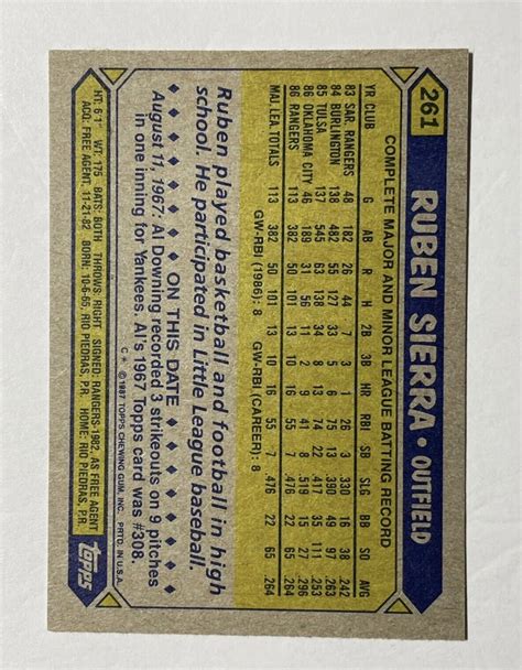 1987 Topps Ruben Sierra 261 Rookie Card Rc Mint Texas Rangers Baseball