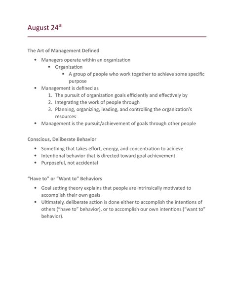 Chapter 1 Lecture Notes 1 August 24th The Art Of Management Defined