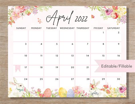 Instant Printable Download April Calendar Cute Easter And Spring Theme