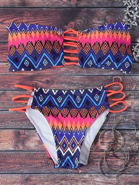Blue S Stylish Strapless Tribal Print Hollow Out Women S Bikini Set