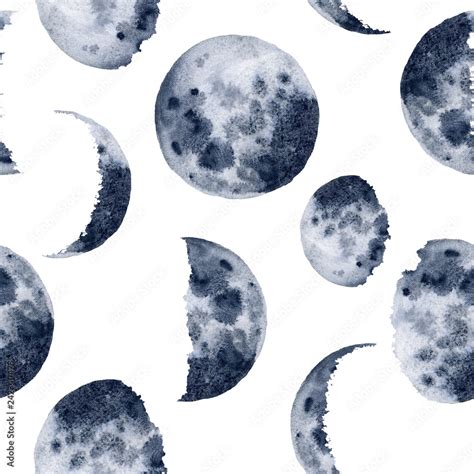Watercolor Moon Phases Pattern Hand Painted Various Phases Isolated On