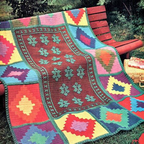 Vintage Crochet Pattern Indian Aztec Kelim Afghan Throw
