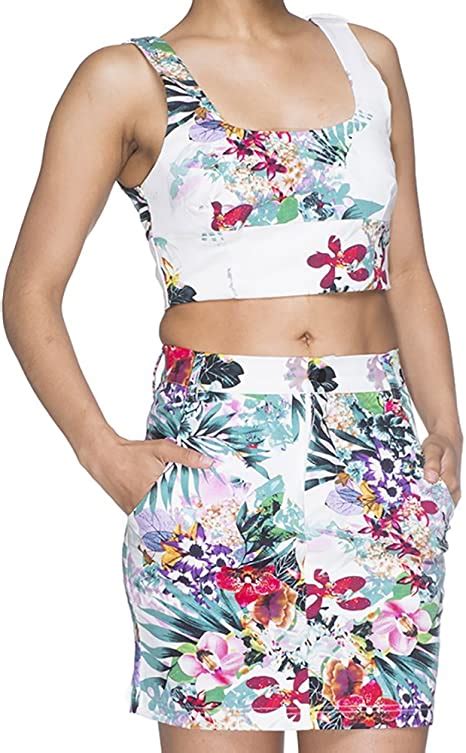 re named women s tropical print 2 piece outfit crop top and skirt set s off white tropical at