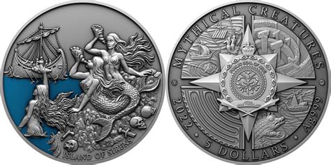5 Dollars Island Of Sirens Mythical Creatures Mermaids 2 Oz Silver Coin