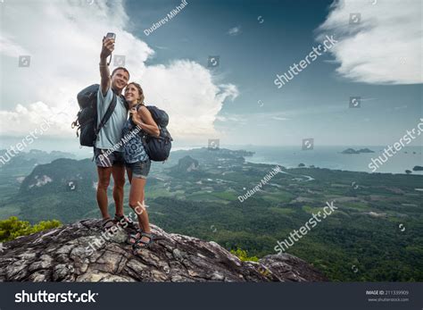 Two Hikers Taking Selfie On Top Stock Photo 211339909 Shutterstock