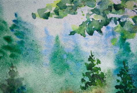 Tree Watercolor Original Art Forest Green Landscape Fog Etsy