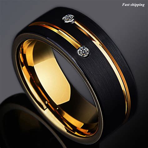 8mm Black Brushed Tungsten Ring Gold Grooved Line Diamond Atop Men