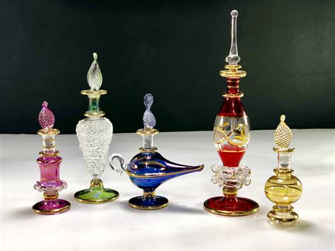 Set Of Five Egyptian Hand Blown Glass Perfume Bottles Etsy