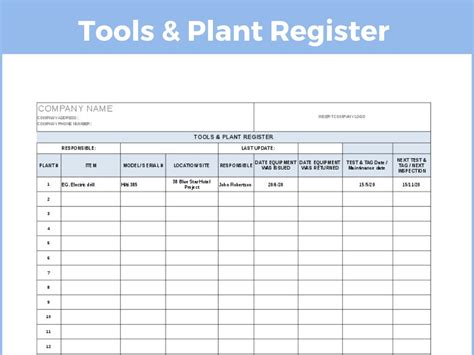 Tools And Plant Register Template Project Management Etsy Uk