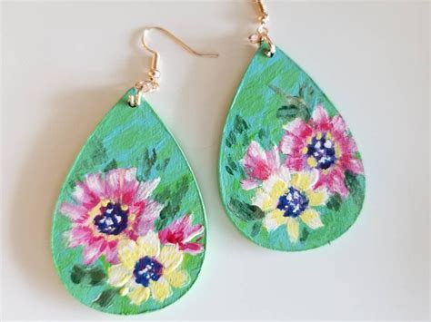 Painted Wood Floral Earrings Flower Statement Earrings Hand Painted