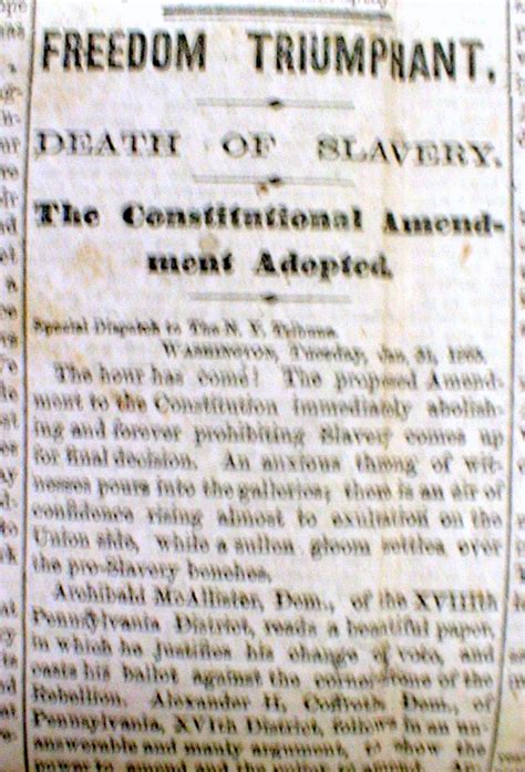 1865 Civil War Newspaper Slavery Is Abolished 13th Amendment Passes Us