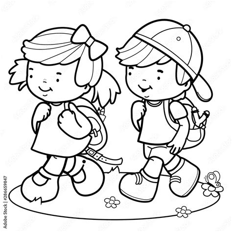 Children Students Walk To School Vector Black And White Coloring Page