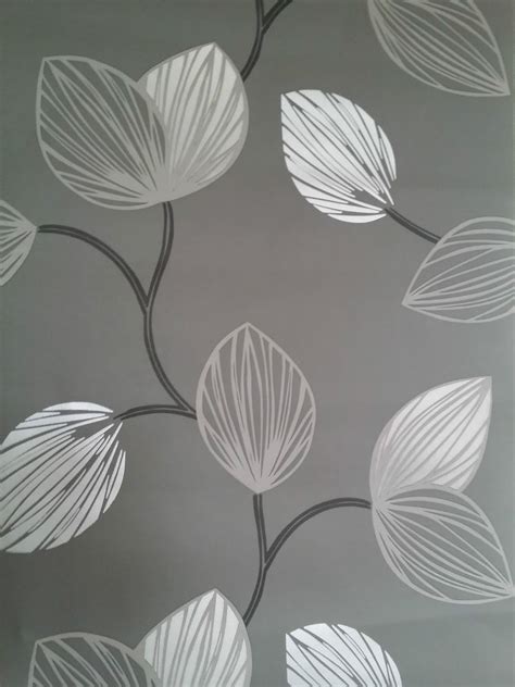 Black Grey And Silver Leaf Designer Feature Wall Wallpaper Ebay