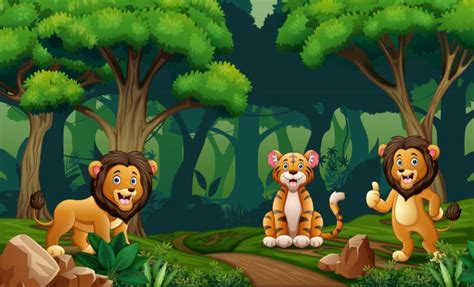 Premium Vector A Lion And Tiger Giving Thumb Up In The Middle Of Forest
