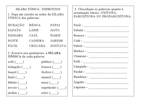 Atividades Sílaba Tônica 4o Ano Com Gabarito