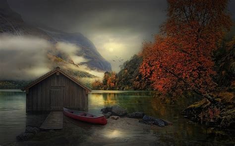 1230x768 Nature Landscape Boathouses Trees Lake Birds Flying Clouds