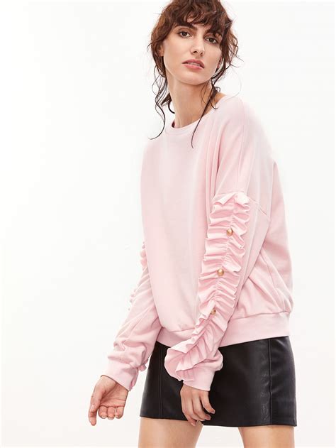 Shop Pink Drop Shoulder Frill Trim Sleeve Sweatshirt Online Shein