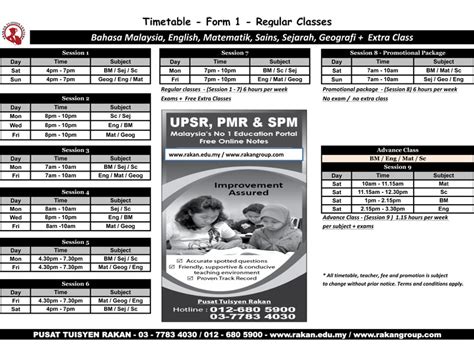 Tuition Timetable Pusat Tuisyen Rakan