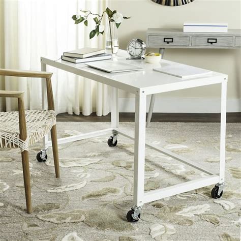 Computer desk 35.4 inch small desk for small spaces modern simple writing desk for home office study desk with stainless steel frame, sturdy and stable, white+wood. Simple Metal Desk - White | west elm