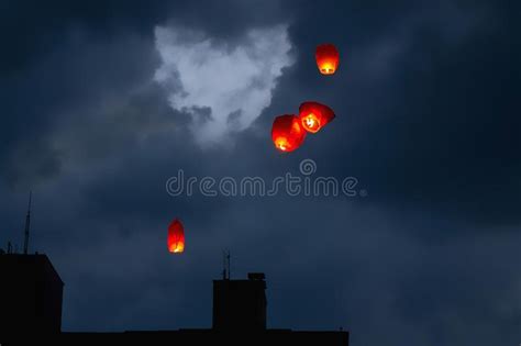Celebration Using Night Lanterns High In Clouds Stock Image Image Of