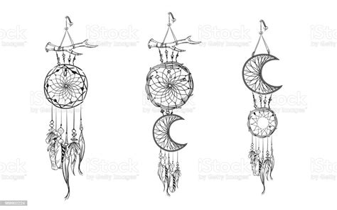 Set Of Hand Drawn Dream Catchers Ornate Ethnic Items Feathers And Beads