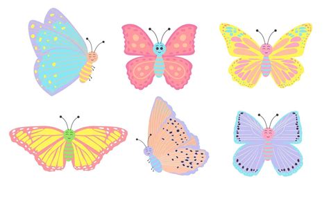 Set Of Cute Colorful Smiling Butterflies Flying Insects Cartoon