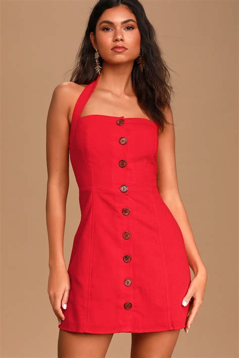Cute Red Mini Dress Halter Dress Button Front Mini Dress Lulus