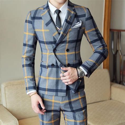 Double Breasted Suits Mens 3 Piece Suits Plaid Tweed Suits Mens
