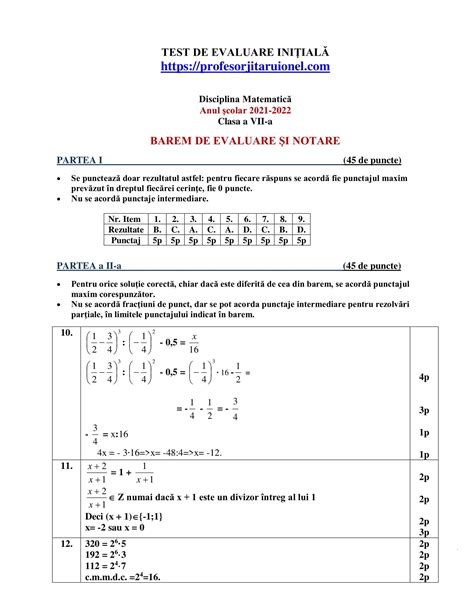Clasa A 7 A Test Initial La Matematica Cu Rezolvare Programa In