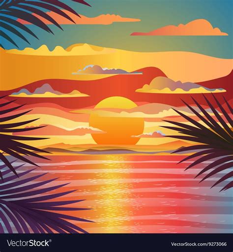 Beautiful Beach Sunset Landscape Flat Design Vector Design