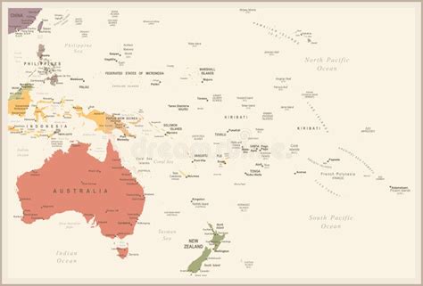 Mapa De Austrália E De Oceania Ilustração Do Vetor Do Vintage