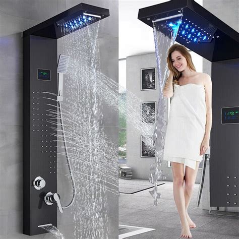 Wall Mounted Bathroom Shower Panel Tower System Led Rainfall Waterfall Shower Head With Body