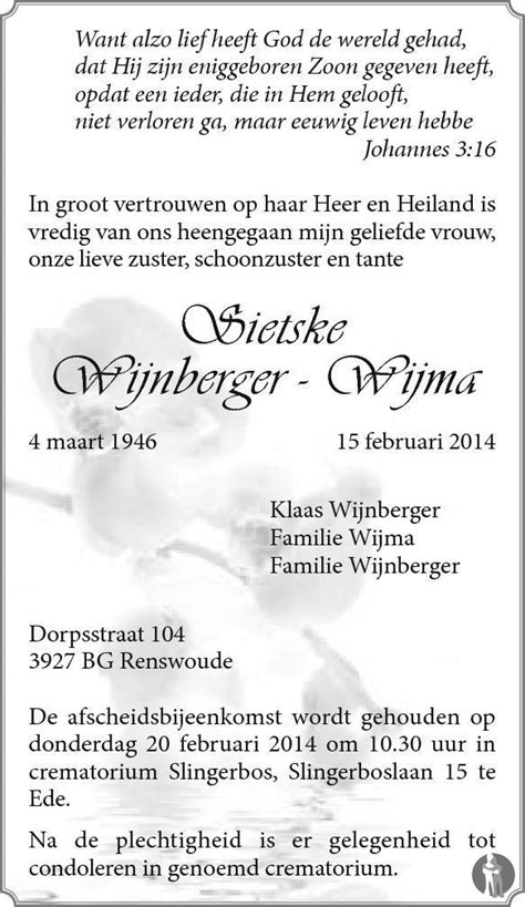Sietske Wijnberger Wijma 15 02 2014 Overlijdensbericht En