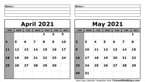Blank Calendar April May 2021 Printable March