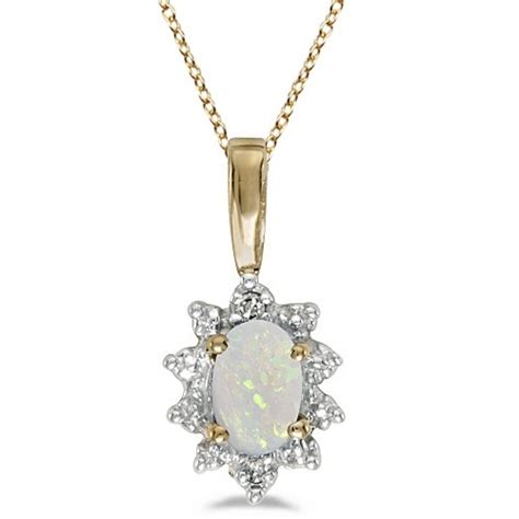 Oval Opal Diamond Flower Shaped Pendant Necklace K Yellow Gold Cbp