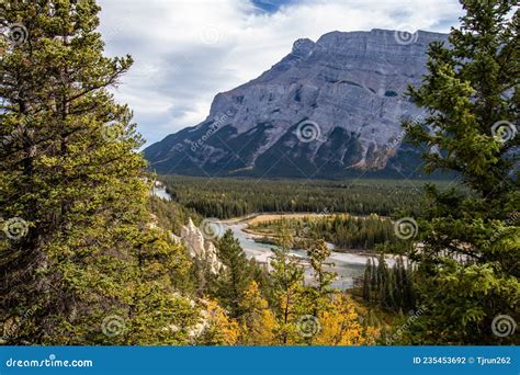 The Bow River And Rocky Mountians In Alberta Canada Stock Photo