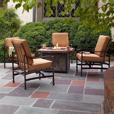 Patio set with fire pit table. Hampton Bay Niles Park 5-Piece Gas Fire Pit Patio Seating ...
