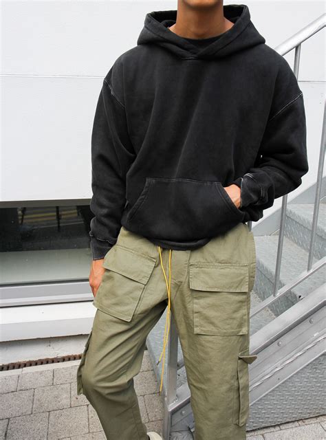 Washed Black Hoodie Snap Cargo Pant In 2021 Streetwear Men Outfits