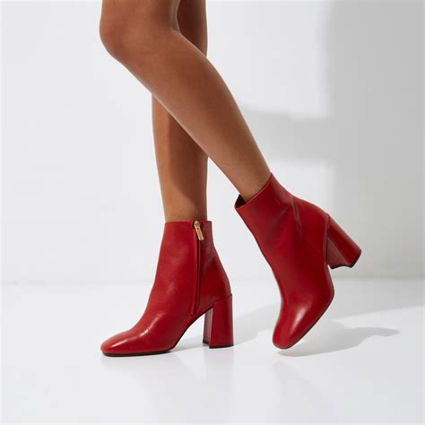 River Island Red Leather Block Heel Ankle Boots Lyst