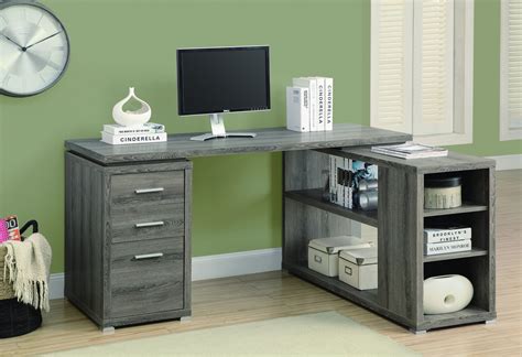 Modern L Shaped Desk With File Drawer And Open Shelving In Dark Taupe Fi